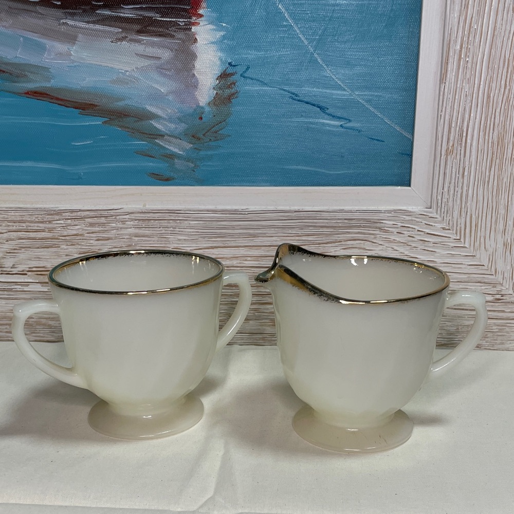 Vintage Fire King Creamer and Sugar Set with Gold Accents